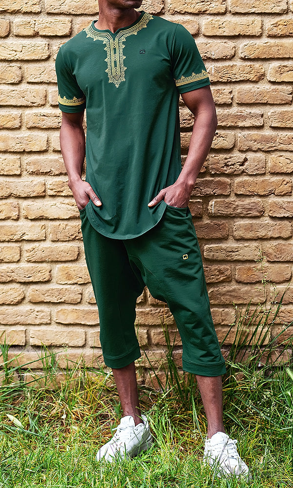QL ETNIZ Set Relaxed Shorts and Embroidered Top in Emerald Green and Gold
