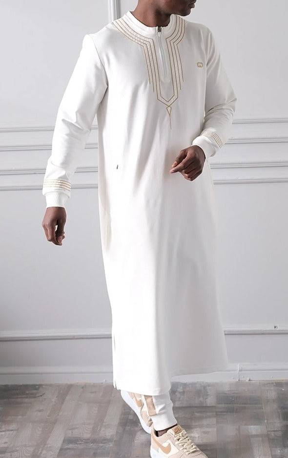 Muslim Men's Embroidered Long Thobe Sham QL in Cream