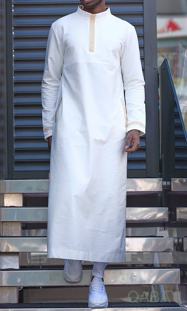 Islamic Men's Long Thobe Eminence QL in Cream and Gold